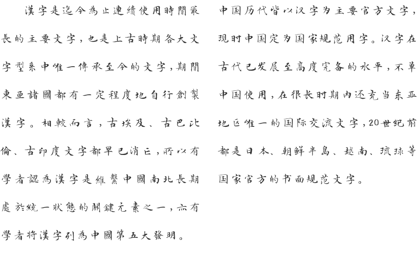 漢字是迄今為止連續使用時間最長的主要文字，也是上古時期各大文字型系中唯一傳承至今的文字，期間東亞諸國都有一定程度地自行創製漢字。相較而言，古埃及、古巴比倫、古印度文字都早已消亡，所以有學者認為漢字是維繫中國南北長期處於統一狀態的關鍵元素之一，亦有學者將漢字列為中國第五大發明。 中国历代皆以汉字为主要官方文字，现时中国定为国家规范用字。汉字在古代已发展至高度完备的水平，不单中国使用，在很长时期内还充当东亚地区唯一的国际交流文字，20世纪前都是日本、朝鲜半岛、越南、琉球等国家官方的书面规范文字。